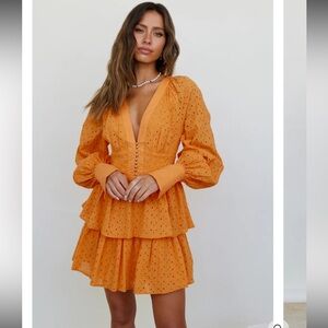 All About May Dress Womens US Size 10 Orange Eyelet Mini Long Sleeve Tiered